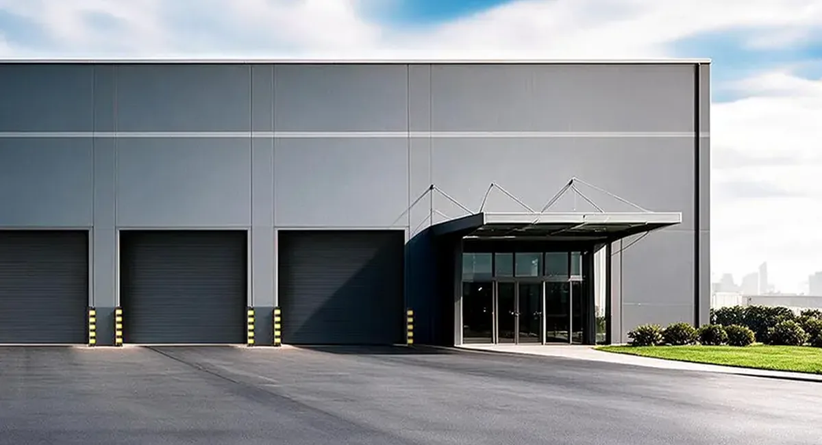 Commercial building with roll-up overhead garage doors